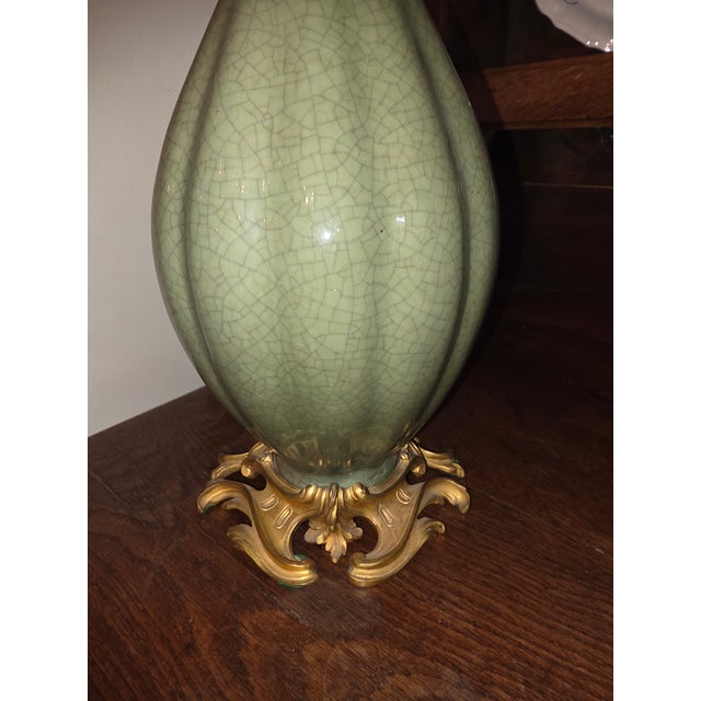 Celadon Antique Celadon Lamp With Gilt Bronze Mounts For Sale - Image 8 of 9