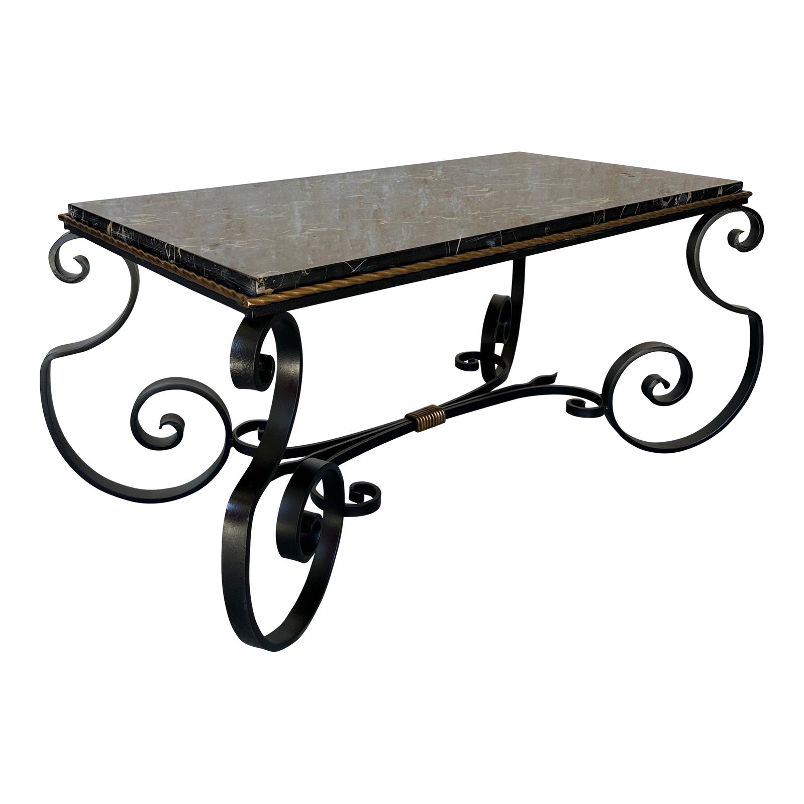 French Scrolled Iron Coffee Table With Marble Top | Chairish