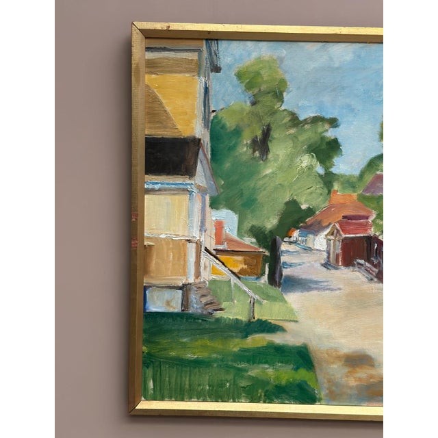 Original Swedish Oil on Canvas – Street with Houses and Trees – Signed ‘Ulfe’ and Dated 1982 – Framed 65 × 75 cm (25.6" ×...