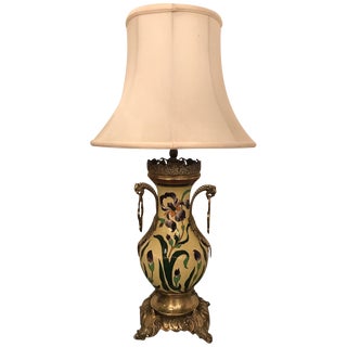 French Hand-Painted Faience & Bronze Urn Table Lamp For Sale