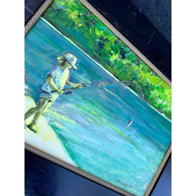 Late 20th Century Jann Daughdrill “First Catch” Oil Painting on Board- Framed For Sale - Image 5 of 8