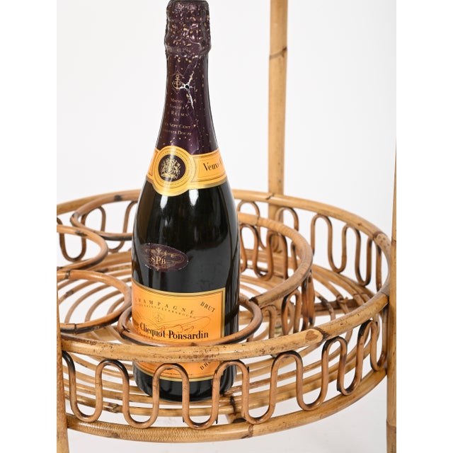 French Riviera Round Serving Bar Cart in Rattan and Wicker, Italy, 1960s For Sale - Image 10 of 11