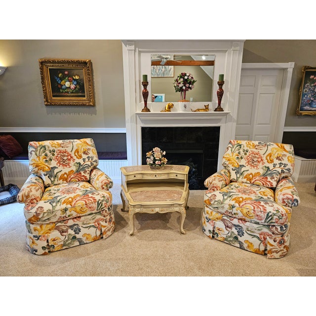 Contemporary Baker Furniture Floral Print Swivel Chairs For Sale - Image 3 of 15