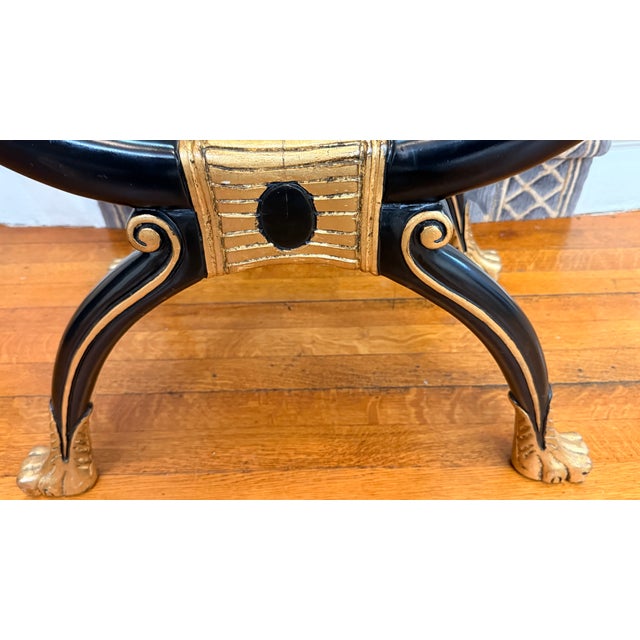 Vintage Maitland-Smith Neoclassical Black & Gilt Curule Bench With Asian Calligraphy Upholstery For Sale - Image 14 of 14