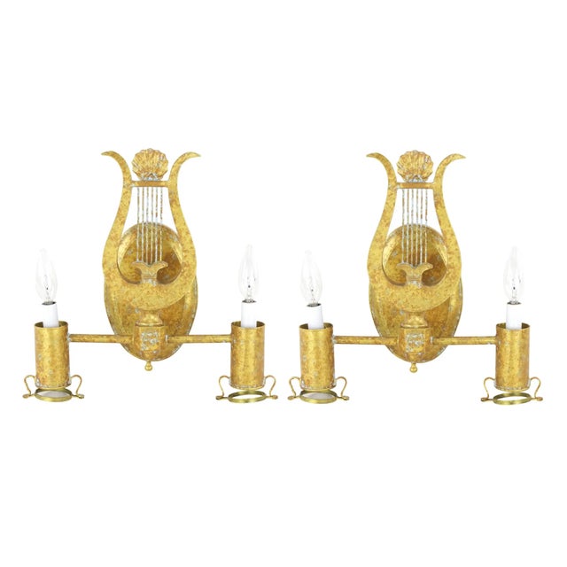 Metal Vintage Lyre Design Paris Wall Lamps - Toler Wall Lamps by Brunschwig & Fils - a Pair For Sale - Image 7 of 7