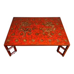 1970s Red Lacquered Coffee Table With Chinese Gold Decorations