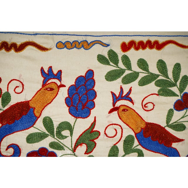 Textile Uzbek Suzani Embroidery | Colorful Bird & Floral Motif Wall Tapestry Art 1'4'' X 3'1'' For Sale - Image 7 of 10