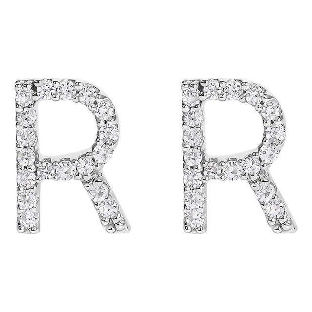 10K White Gold 1/10 Cttw Diamond 'R' Initial Stud Earring For Sale