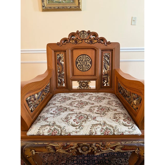 Exceptional hand-carved solid teak wood set of 4 armchairs imported from Thailand in 2001. This striking 4 set features...