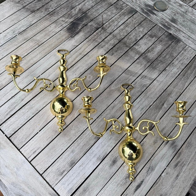 Brass Double Arm Wall Candle Sconces in Williamsburg Style - A Pair For Sale - Image 9 of 10