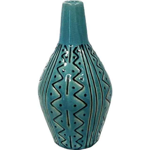 Vintage Hand Painted Ceramic Turquoise and Black Vase For Sale In Tampa - Image 6 of 6
