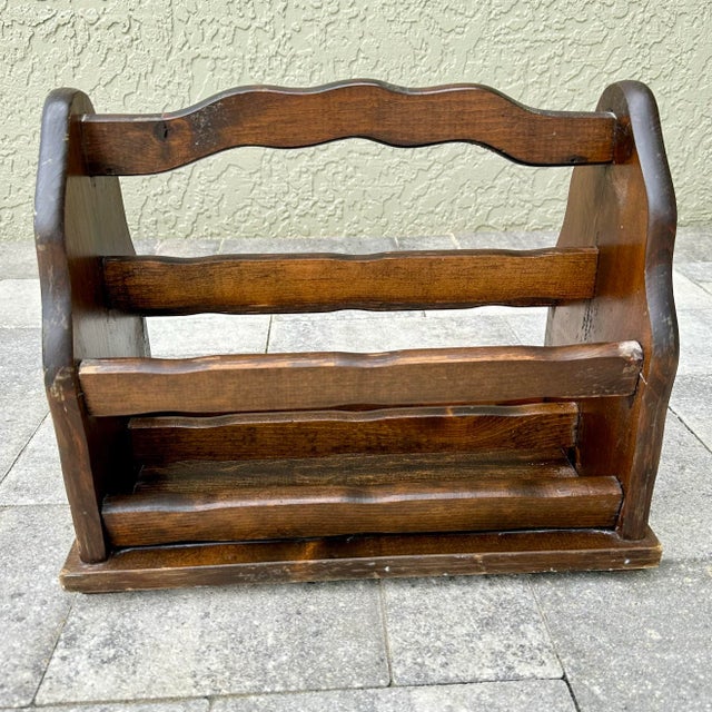 Farmhouse Vintage 1970s Rustic/Primitive Pine Wood Magazine Rack/Vinyl Record Holder For Sale - Image 3 of 9