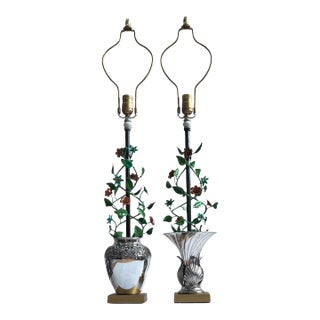 Vintage Tole Floral Topiary Silver Plate Cache Pot Table Lamp - A Pair For Sale