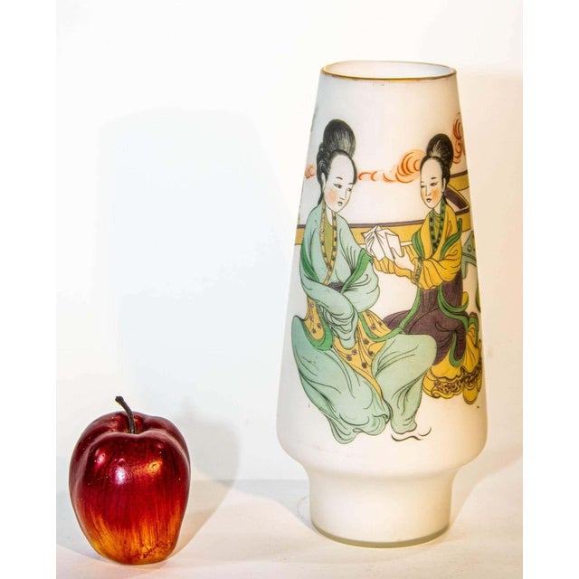 Japanese Opaline White Glass Vase Hand Painted with Geishas 1950s For Sale - Image 4 of 12