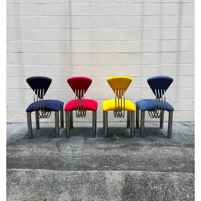 Mid 20th Century Suede Ettore Sottsass Memphis Style Chairs - Set of 4 For Sale - Image 4 of 8