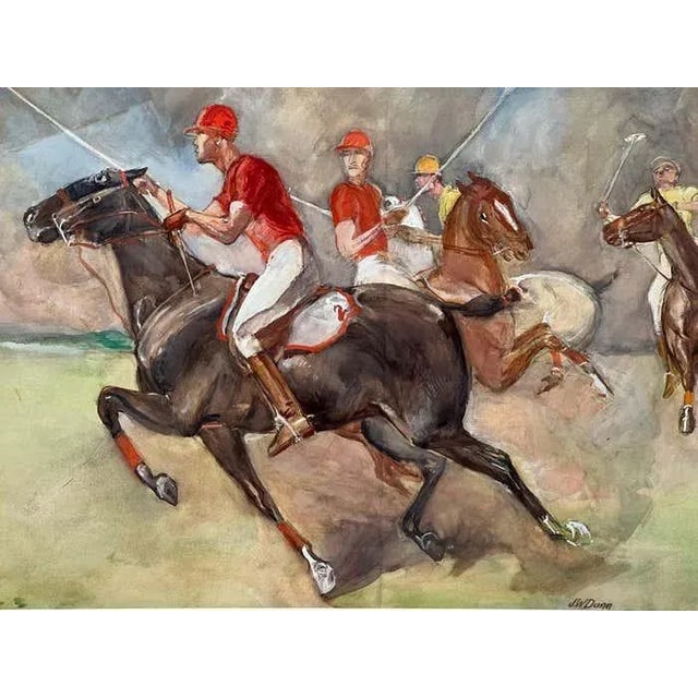 This framed watercolour is signed lower right by the American artist J.W. Dunn. It depicts a thrilling equestrian polo...