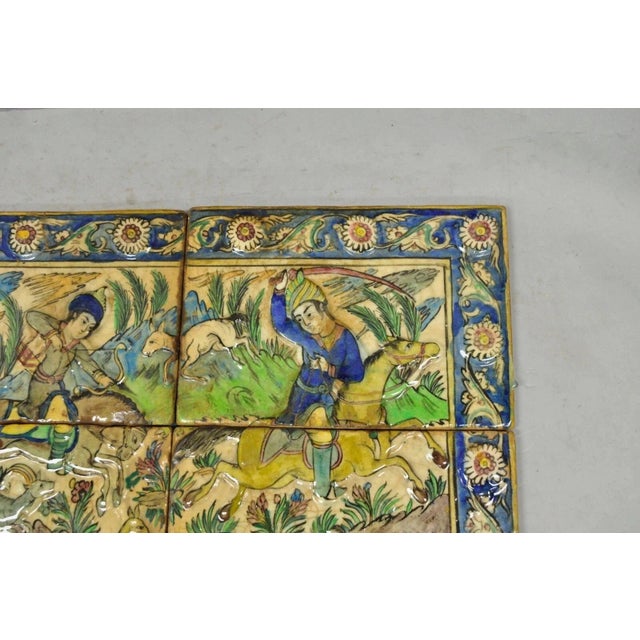 Antique Persian Iznik Qajar Style Ceramic Pottery Tile Mosaic Hunt Scene C7 For Sale - Image 4 of 10