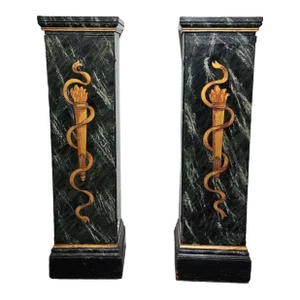 Antique Italian Neoclassical Parcel Gilt Faux Marble Painted Pedestals - A Pair