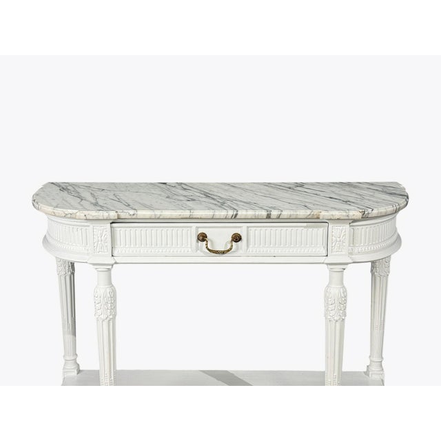 Louis XVI Style, White Demilune Console Table, Wood, Marble, France, 1960s For Sale - Image 11 of 15