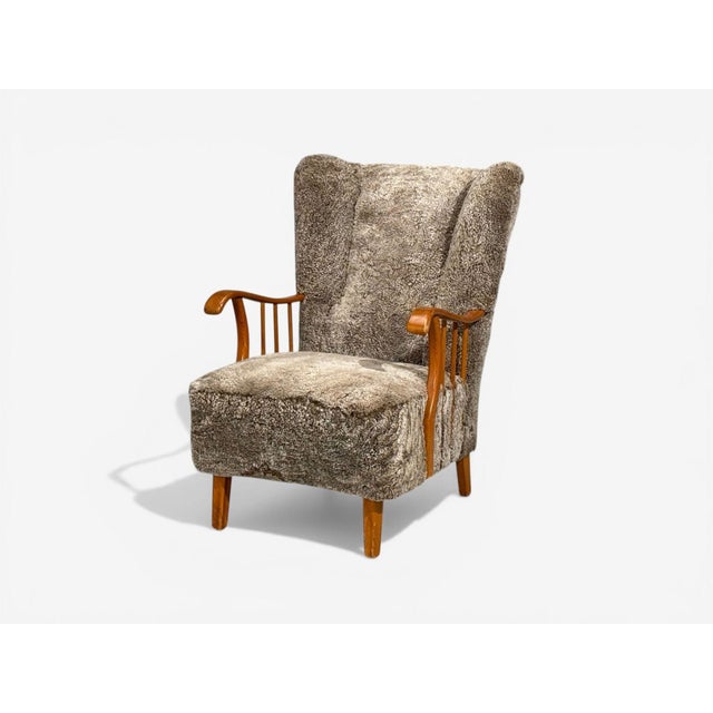 Wood Swedish Modern, Lounge Chairs, Elm, Gray Shearling, Sweden, 1940s For Sale - Image 7 of 16
