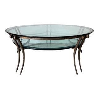1980s Vintage Two-Tier Hand-Hammered Metal & Glass Round Coffee Table For Sale