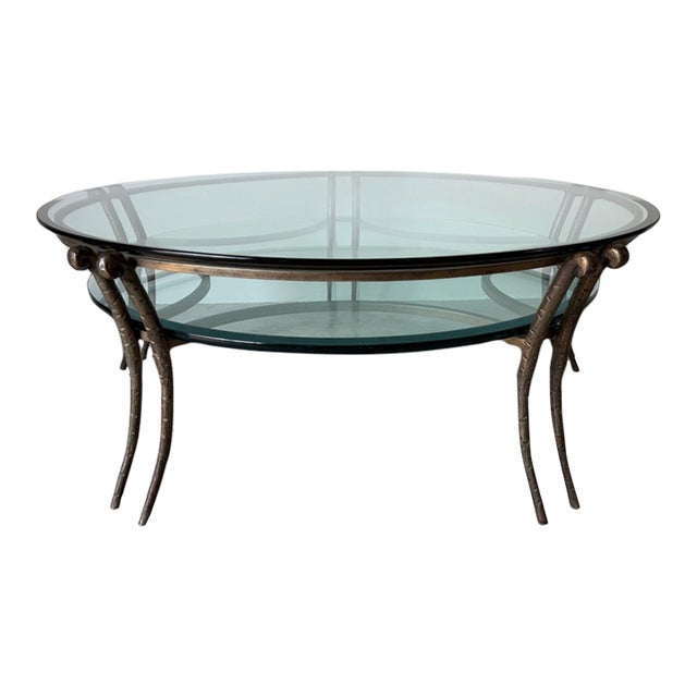 1980s Vintage Two-Tier Hand-Hammered Metal & Glass Round Coffee Table For Sale