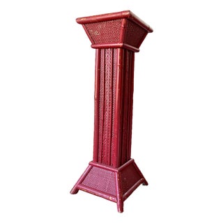 Vintage Red Painted Bamboo & Woven Rattan Pedestal Plant Stand – Sister Parish Style For Sale