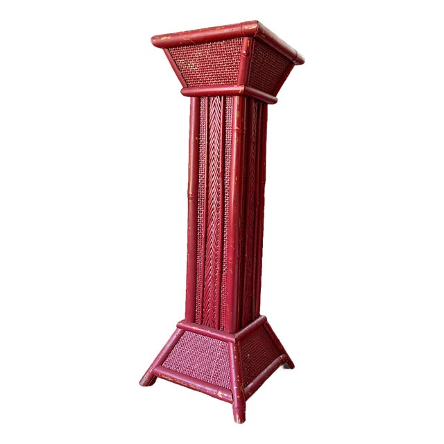 Vintage Red Painted Bamboo & Woven Rattan Pedestal Plant Stand – Sister Parish Style For Sale