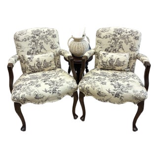 Early 20th Century Louis XV Style French Toile Arm Chairs (2) With Matching Pillows For Sale