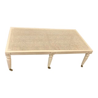 Modern History Home Wood & Cane Coffee Table with Polished Brass Casters For Sale