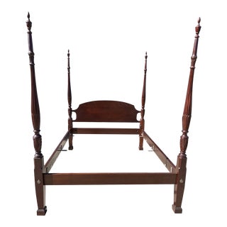 Early 20th Century Vintage Solid Mahogany Queen Size Rice Carved Poster Bed For Sale
