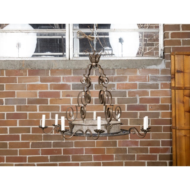 Gray 1920s French Art Deco Iron Chandelier Eight Light Chandelier with Scrolling Arms For Sale - Image 8 of 12