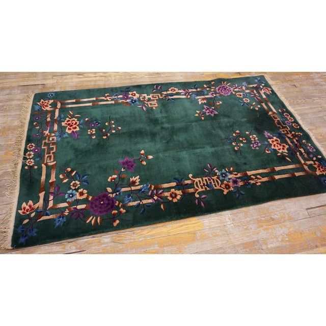 1920s Green Bamboo Floral Antique Chinese Art Deco Rug 4'2" X 7' Knotted Wool Carpet For Sale In New York - Image 6 of 15