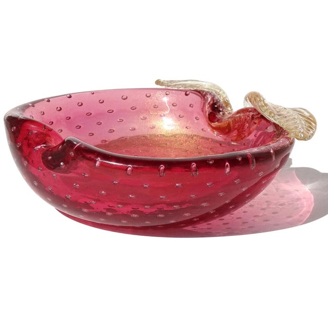 Glass Murano Cranberry Pink Gold Flecks Control Bubbles Vintage Italian Art Glass Apple Ring Dish Bowl For Sale - Image 7 of 9