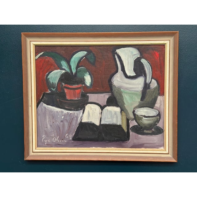 Evy Olesen, Pitcher and Plant, 1964, Oil Painting on Canvas, Framed For Sale - Image 12 of 17
