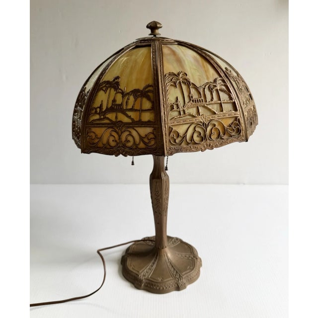 Antique Art Nouveau 8 Panel Slag Glass Lamp With Desert Scene Palm Trees, for Repair For Sale - Image 10 of 18