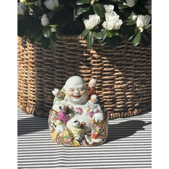 Vintage Chinoiserie Style / Palm Beach Style Famille Rose Porcelain Laughing Buddha With Five Children For Sale - Image 13 of 15