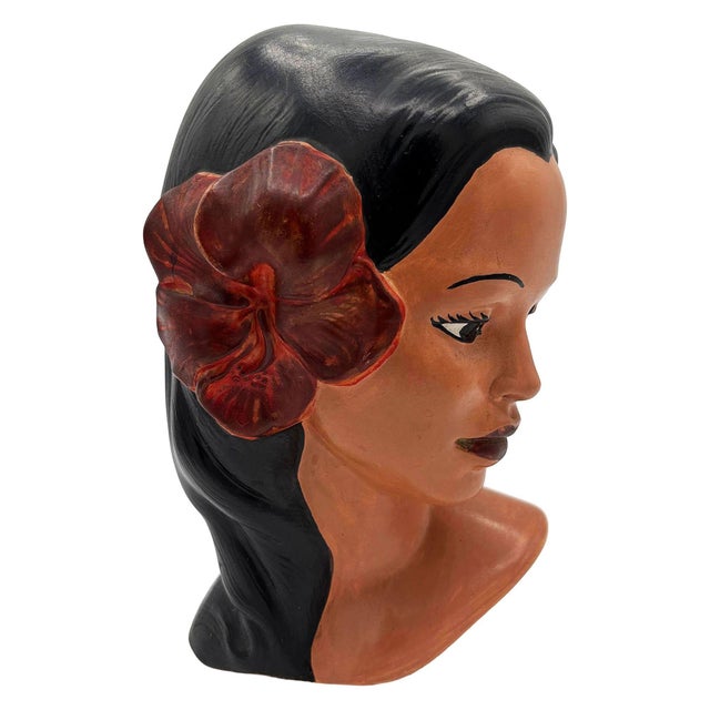 Mid-century Hawaiian Polynesian boy Ceramic bust statue by Marwal. The statue features a hand-sculpted bust of a young...