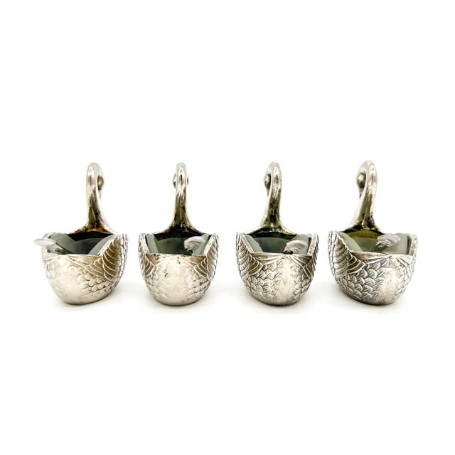 Mid 20th Century Set of Four Silver -Plated Swan Salt Cellars With Glass Inserts and Spoons — Vintage Tableware, Hollywood Regency Style For Sale - Image 5 of 13
