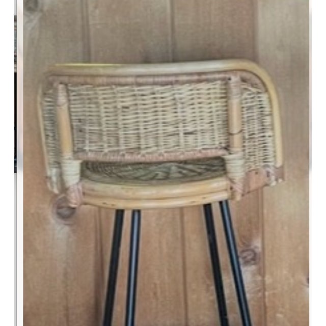 4 1960s Wicker/Bamboo/Wrought Iron Swivel Stools For Sale - Image 13 of 15