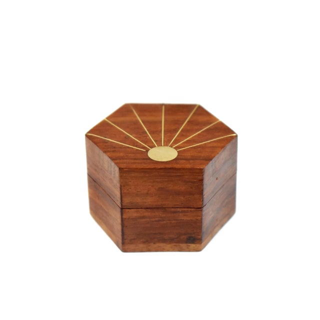 Mid-Century Modern Mid 20th Century Vintage Hand Made Inlaid Brass Wooden Hexagon Box For Sale - Image 3 of 8