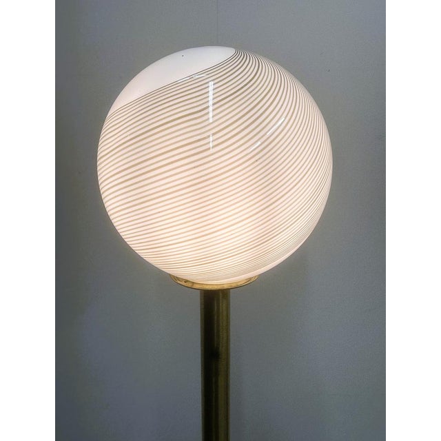 Metal Large Italian Brass Floor Lamp with Swirled Murano Glass Globe, 1970s For Sale - Image 7 of 13