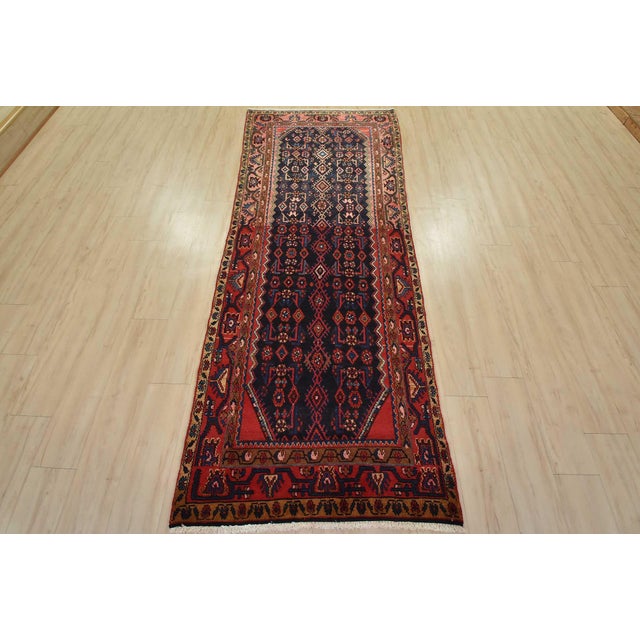 Cabin Hamedan Runner 3’11” X 9’4” Blue Wool Semi-Antique Tribal Hand-Knotted Rug For Sale - Image 3 of 15