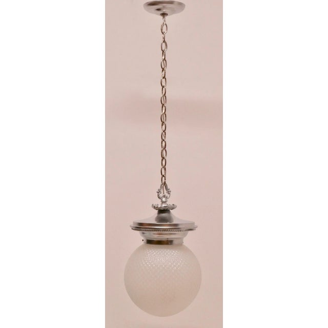 Antique Opaline Glass Globe and Cast Metal Hanging Pendant Light Fixture For Sale - Image 9 of 12