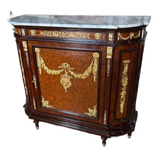 1960s French Louis XVI Marble Top Cabinet Marquetry Inlay, Gilt Bronze Ormolu, Luxury Accent Cabinet For Sale