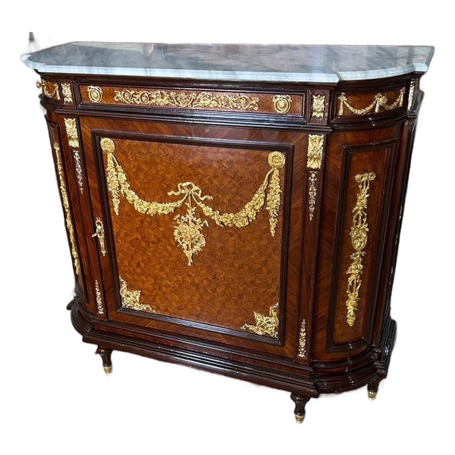 1960s French Louis XVI Marble Top Cabinet Marquetry Inlay, Gilt Bronze Ormolu, Luxury Accent Cabinet For Sale