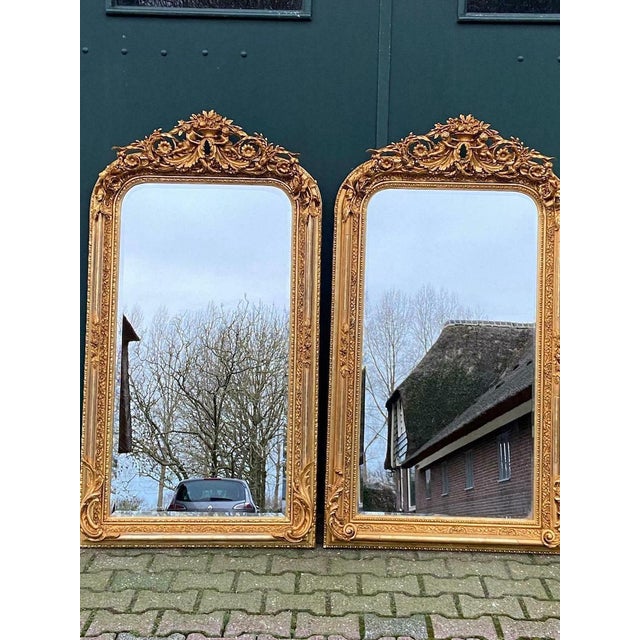 Late 20c French Louis XVI Gold Wood Floor Mirrors Pair For Sale - Image 6 of 17