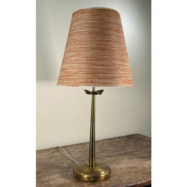 Stiffel Mid Century Modern Stiffel Brass Table Lamp With Fiberglass String Shade Starburst Base For Sale - Image 4 of 11