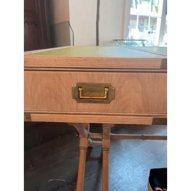Campaign Mid Century Campaign Desk With Faux Leather Top and Brass Hardware For Sale - Image 3 of 7
