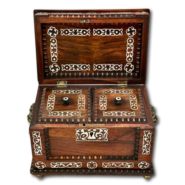 Outstanding Antique Victorian Rosewood Veneer Tea Caddy Box With Fancy Abalone Inlay Features - Circa 1870s For Sale - Image 11 of 18